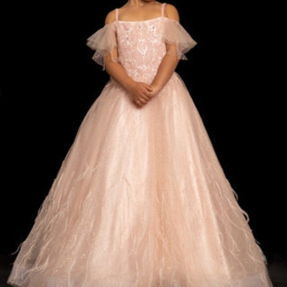 SUGAR KAYNE C109 LONG A LINE GIRLS GLITTER FEATHER DRESS OFF THE SHOULDER